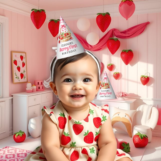 Chapéu De Festa Strawberries and pink bow Berry First Birthday     (Criador carregado)