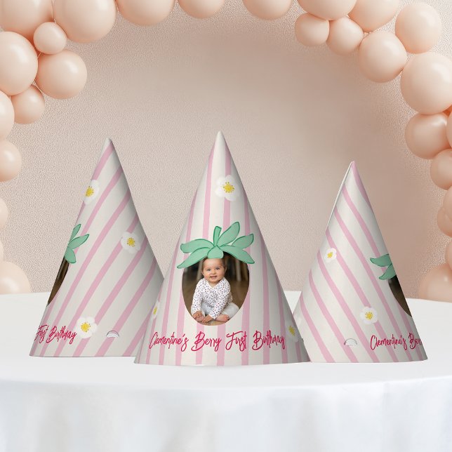 Chapéu De Festa Strawberry First Birthday Party Hat with Photo (Criador carregado)