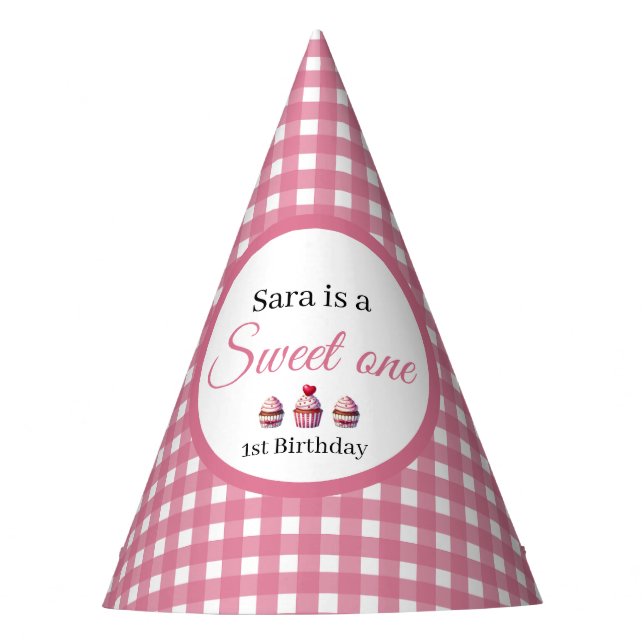 Chapéu De Festa Sweet One Cupcake for 1st Birthday Girl Party  (Frente)