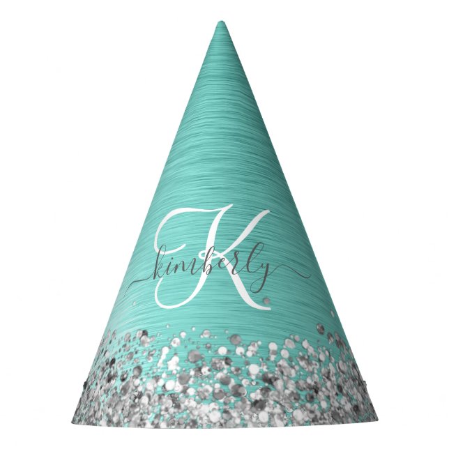 Chapéu De Festa Teal Brugado Metal Silver Glitter Nome Monograma (Frente)
