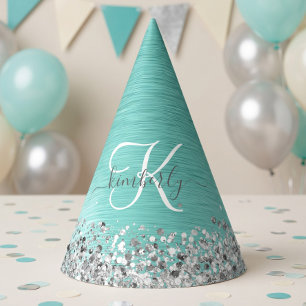 Chapéu De Festa Teal Brugado Metal Silver Glitter Nome Monograma