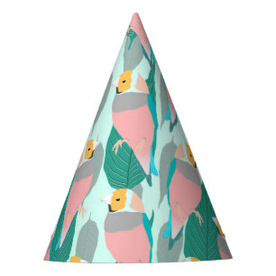 Chapéu De Festa Trendy Pink Rainbow Finch Bird & Green Foliage