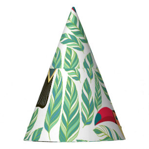 Chapéu De Festa Tucanos, folhas tropicais, padrão decorativo.