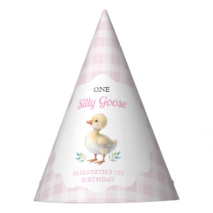 Chapéu De Festa Um Ganso Tolo Menina de Gingham Rosa Primeiro Aniv