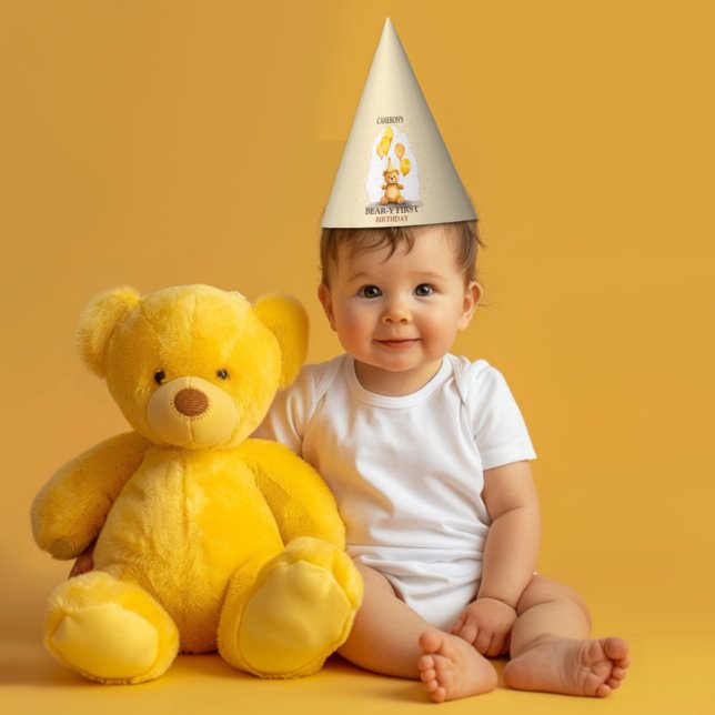 Chapéu De Festa Urso Primeiro Aniversário Sexo Neutro Urso Amarelo (Criador carregado)