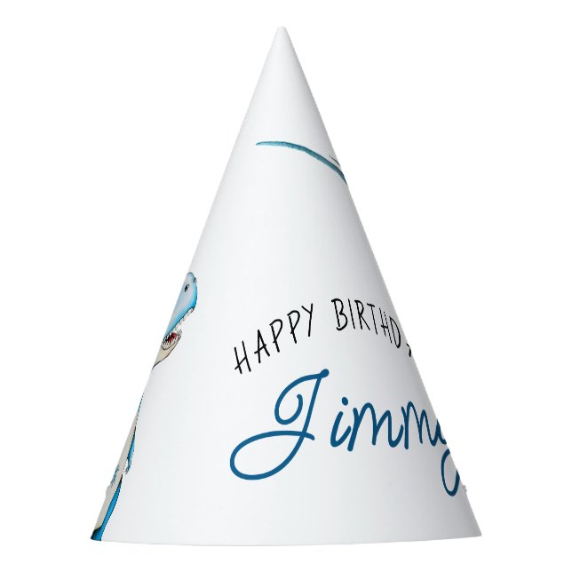 Chapéu De Festa Watercolor Azul Três Dinossauro Rex Aniversário (Frente)