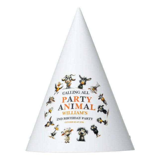 Chapéu De Festa Whimsical Funny Animals 2nd Birthday Party (Frente)