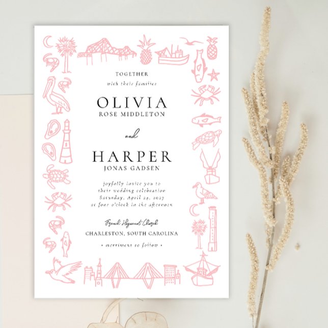 Charleston Toile Border no Convite Pink Weding (Rose Pink Charleston Toile wedding invitation by Erika Firm for Zazzle)