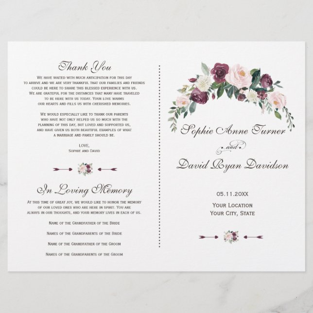 Charm Burgundy Blush Ivory Floral Wedment Program (Frente)
