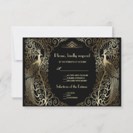 Charm Dourado Art Deco Peacocks - RSVP de Casament