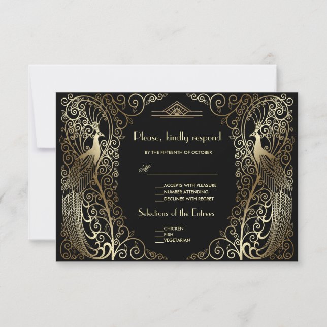 Charm Dourado Art Deco Peacocks - RSVP de Casament (Frente)
