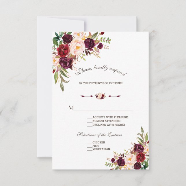 Charm Marinho Blue Burgundy Floral Weding RSVP (Frente)