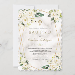 Charm White Floral Espanhol Convite De Bautizo