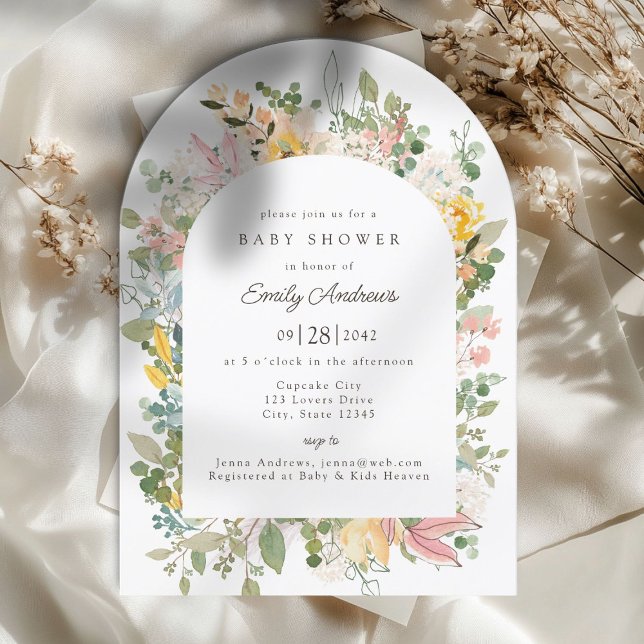 Charme de Jardim de Flores Selvagens | Convite par (Wildflower Garden Charm | Arch Baby Shower Invitation)