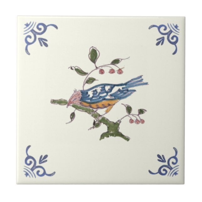 Charming Repro Delft Bird em Branch w/Berries (Frente)