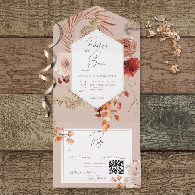 Chave de queda Boho Frame Floral Blush Código QR (Criador carregado)