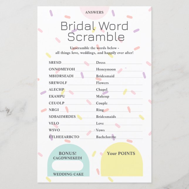 Chave de Resposta do Bridal Word Scramble (Frente)