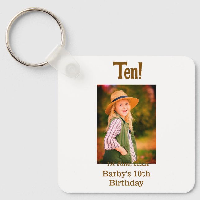 Chaveiro 10th birthday photo name date simple brown beige b (Frente)