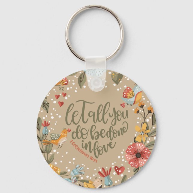 Chaveiro 1 Corinthians 16:14 Aves Boho Floral com Foto (Frente)