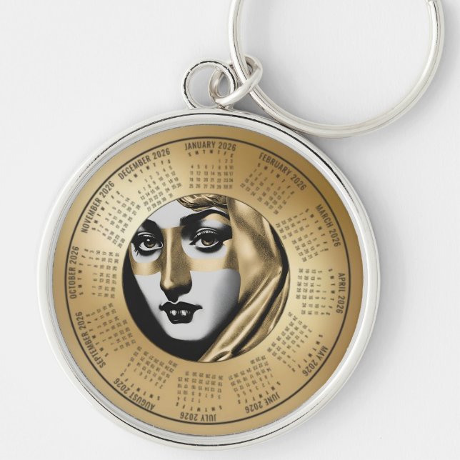 Chaveiro 2026 Calendar Keychain Woman's  Art Deco Face Gold (Frente)