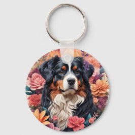 Chaveiro 3D Fantasia Floral Bernese Mountain Dog Birds Ver