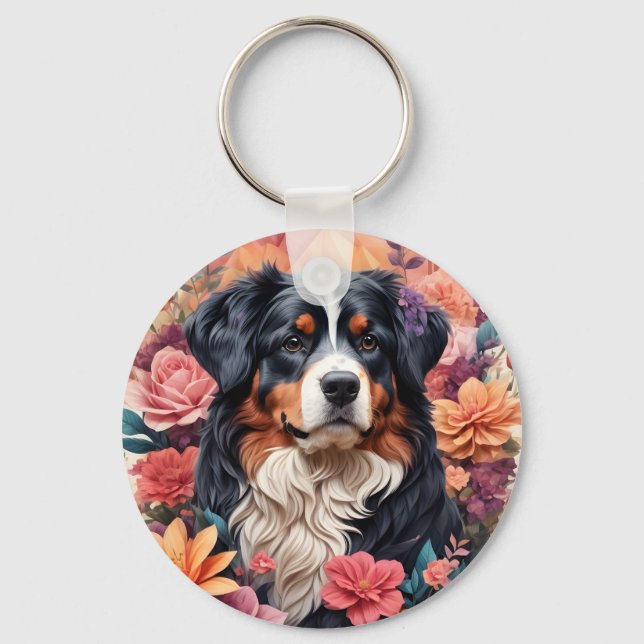 Chaveiro 3D Fantasia Floral Bernese Mountain Dog Birds Ver (Verso)