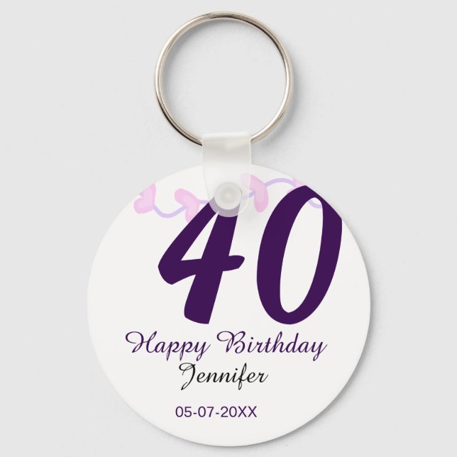 Chaveiro 40th birthday add name date year purple floral pin (Frente)