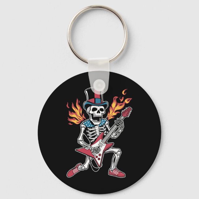 Chaveiro 4 de julho Skeleton tocando guitarra Rock and Roll (Frente)