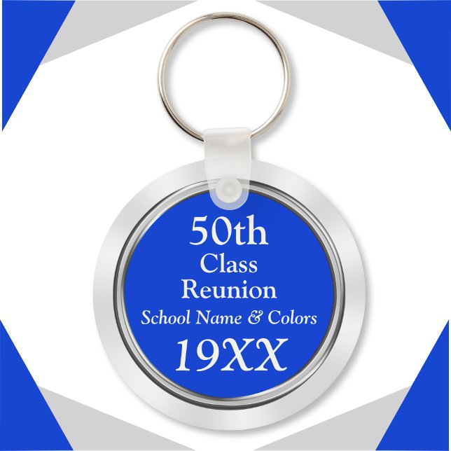 Chaveiro 50ª classe Ideias de presentes de Reunião, seu tex (50 year class reunion souvenirs. Blue, White and Silver, 50th class reunion keychains. 50th reunion.)