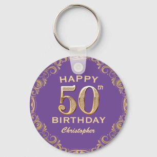 Chaveiro 50ª Festa de aniversário, Roxo e Dourada, com imag