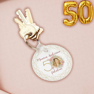 Chaveiro 50 e Fabuloso Foto Dourado Floral Rosa de Aniversá