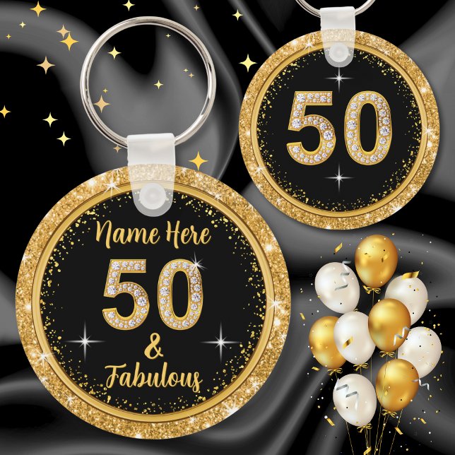Chaveiro 50 e Favoritos para festas fabulosos, personalizad (Fifty & Fabulous. 50th birthday party favors for adults. Elegant 50th birthday favors, personalized.)