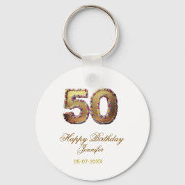 Chaveiro 50th birthday add name date year gold floral bold