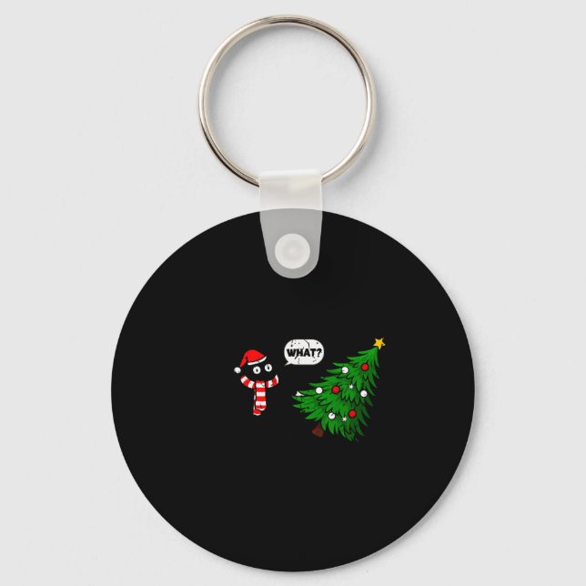 Chaveiro 67 Funny Black Cat Pushing Christmas Tree Over Cat (Frente)