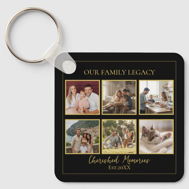 Chaveiro 6 Photo Collage Square Black Gold Keychain (Frente)