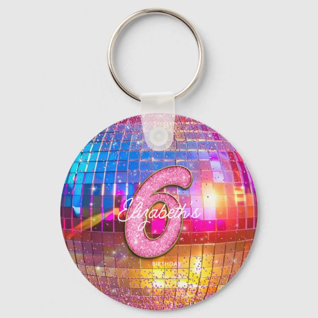 Chaveiro 6th Birthday Party Gold Pink Glitter Disco Ball (Verso)