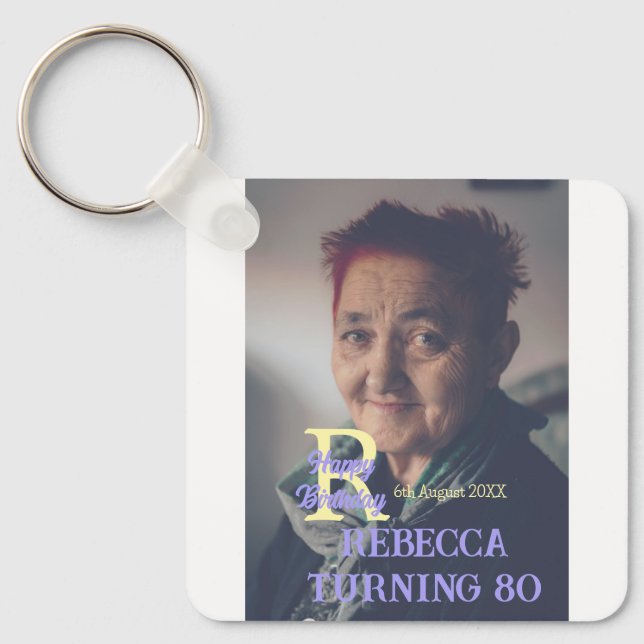 Chaveiro 80 de aniversário da foto adicione nome data roxo  (Frente)