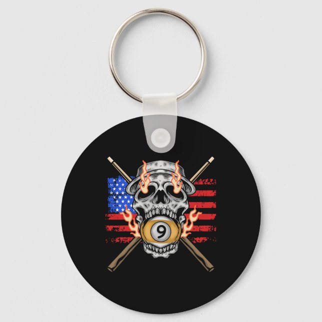 Chaveiro 9 Ball Billiard Piscina Player American Flag Skull (Frente)