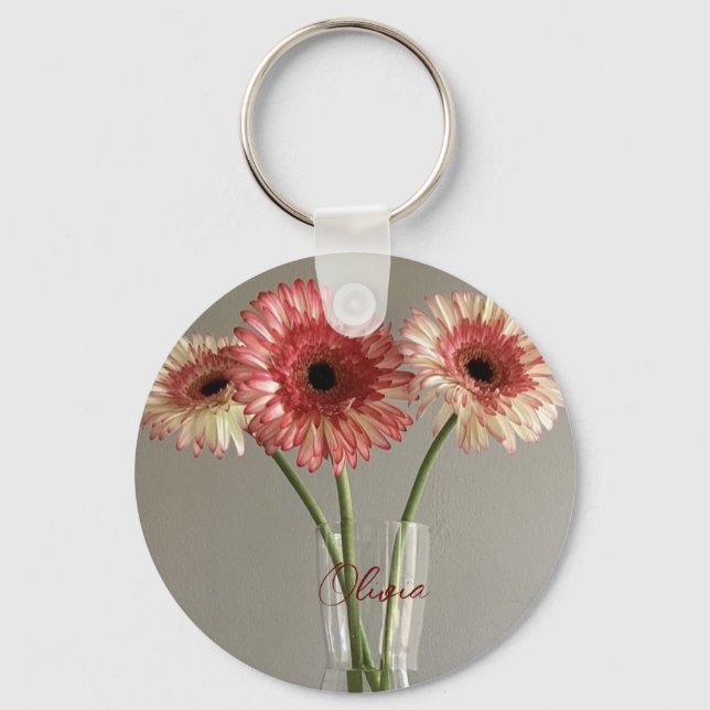 Chaveiro A Feliz Gerbera Rosa Flor Foto +Nome Personalizado (Frente)