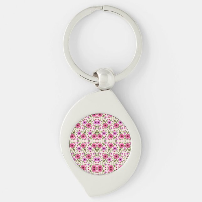 Chaveiro A silver teardrop keychain with a round pink (Frente)