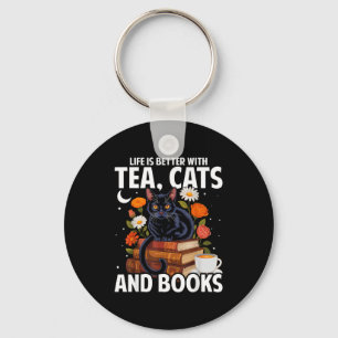 Chaveiro A vida é melhor com chá gatos e livros gato engraç