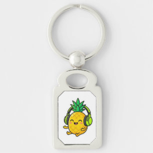 Chaveiro Abacaxi Kawaii Fofo Usando Fones de Ouvido Verão B