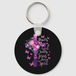 Chaveiro Abençoado Por Deus Salvo Pela Cruz Floral Roxal De