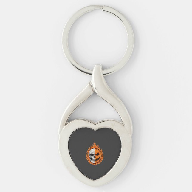 Chaveiro Abóbora de Crânio Flamejante de Halloween com Dese (Frente)