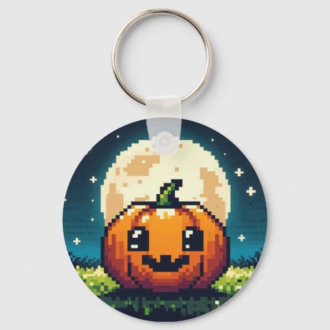 Chaveiro Abóbora de Halloween de 8 bits sob a lua (Frente)