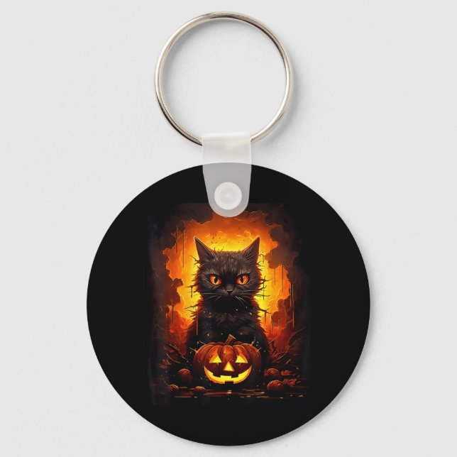 Chaveiro Abóbora de Halloween Jack O Lantern Gato Preto (Frente)