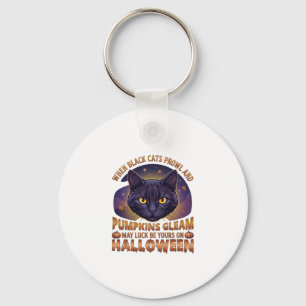 Chaveiro Abóboras Brilham Gato Preto do Halloween Folhas Ca