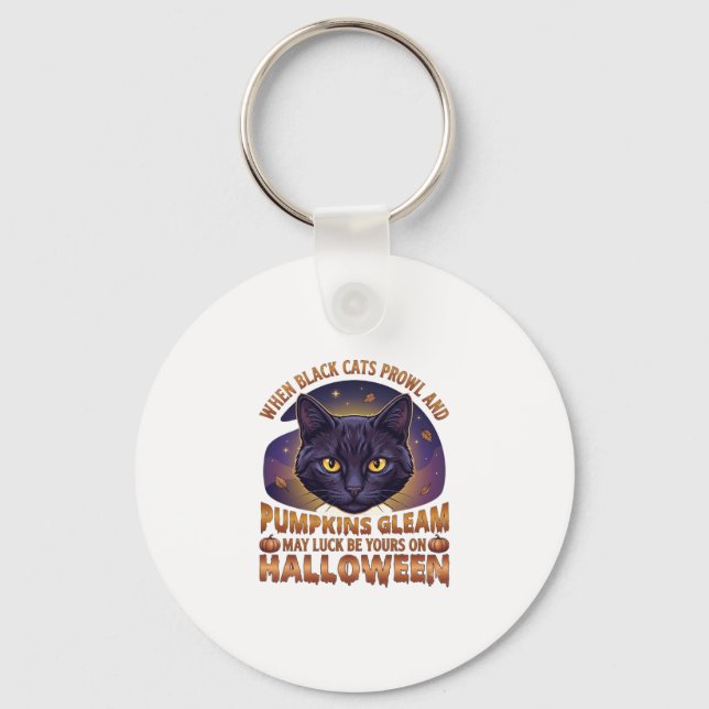 Chaveiro Abóboras Brilham Gato Preto do Halloween Folhas Ca (Frente)