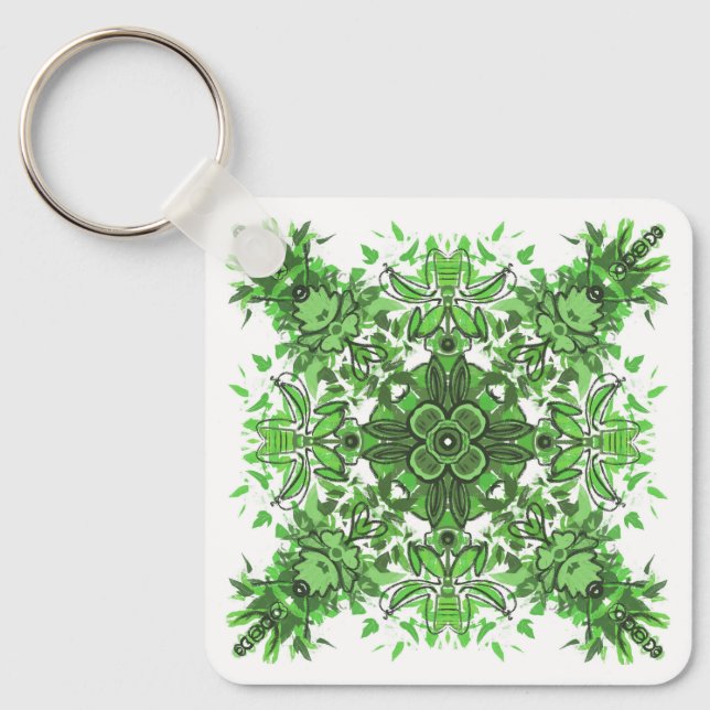 Chaveiro Abstract Floral Pattern In Black & Green On White (Frente)