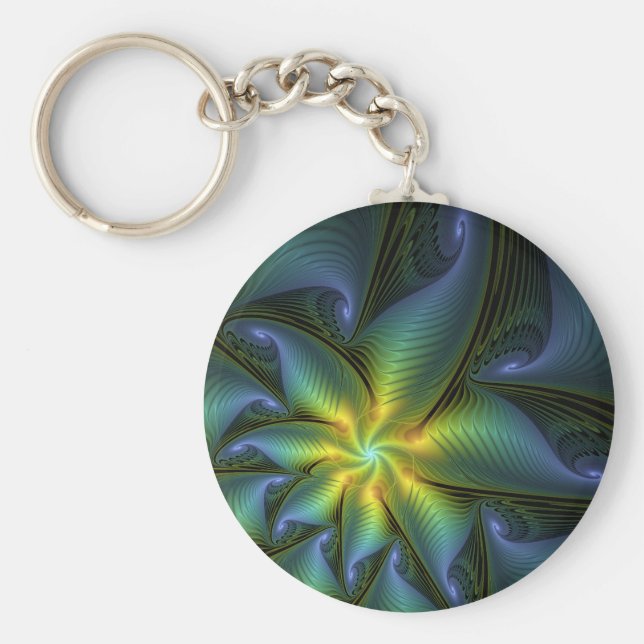 Chaveiro Abstrato Star, Ouro Verde brilhante Arte Fractal (Frente)